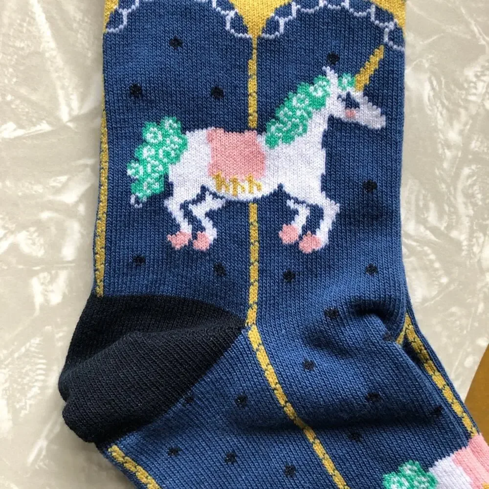 Sock It To Me Navy Blue Gold Carousel Unicorn Horse Novelty Junior Crew Socks